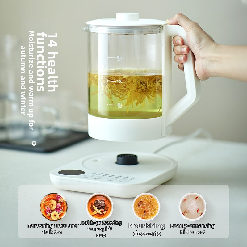 Stikla veselības tējas kanna birojam un mājām — borosilikāta stikls, tilpums 1–1,5 L, 220 V, 500–1000 W, mikroprocesora vadība