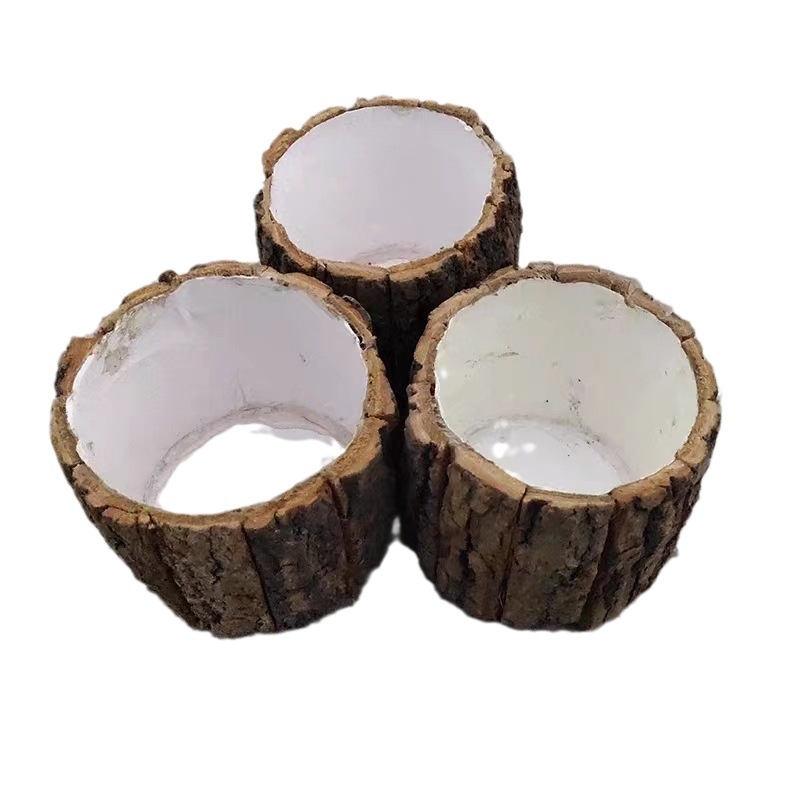 Rankų darbo medžio žievės statinė sukulentams, dekoratyvinė gėlių vazonas iš pintų medienos trupinių