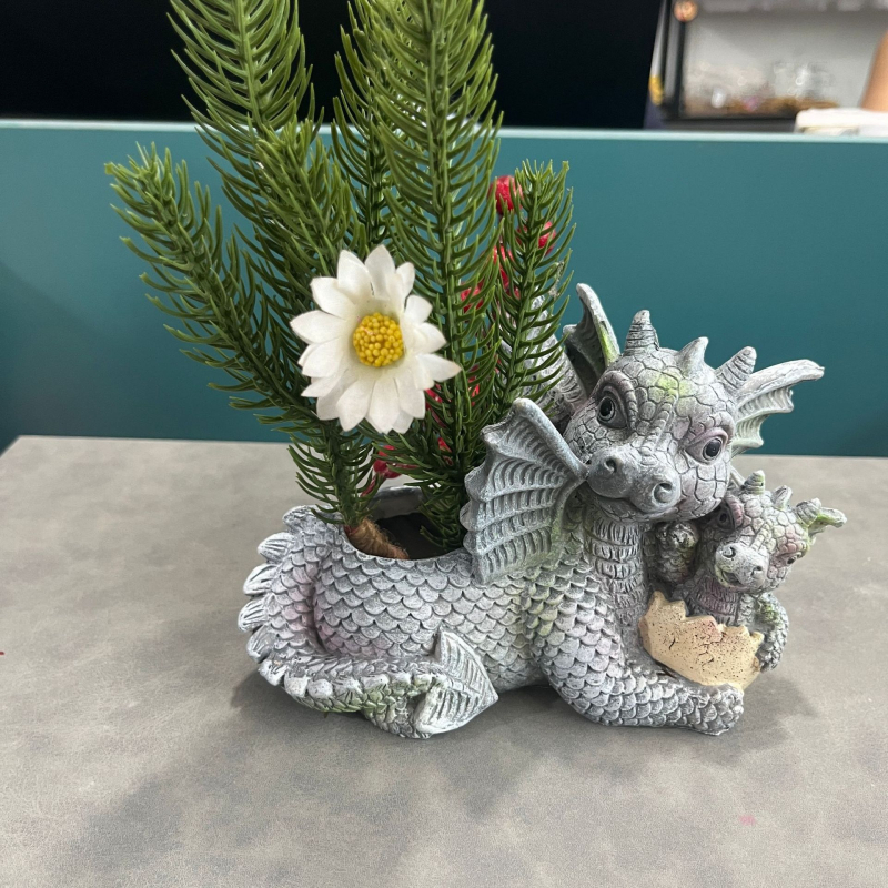 Dekoračný kvetináč: vintage dinosaurus z živice pre vonkajšiu záhradu, dinosaurus drží kvety (Jiayin, syntetická živica, pastorálny štýl)