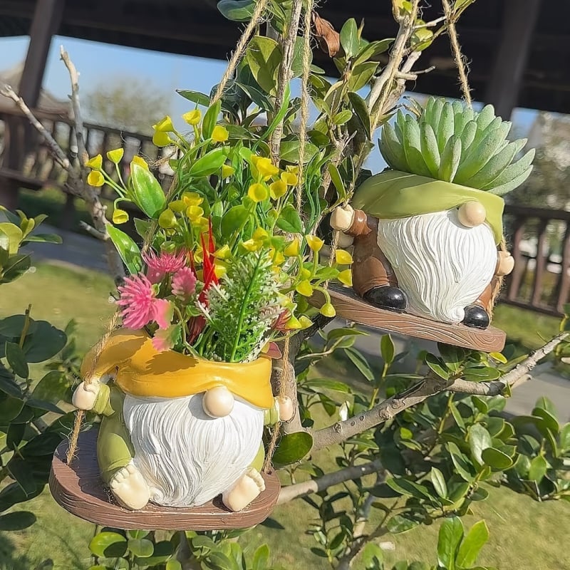 Dekorativna figura od smole za vrt: viseći lončić s patuljkom, crtani stil