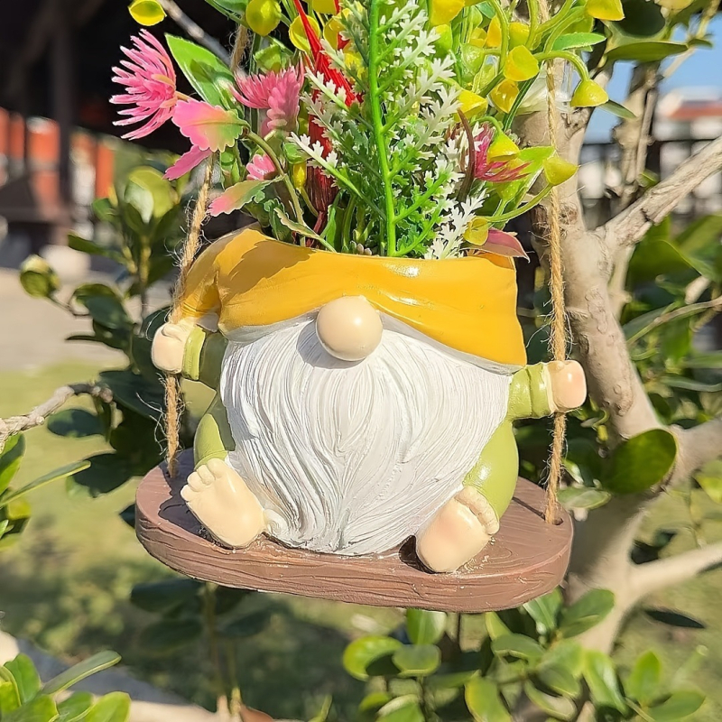 Dekorativna figura od smole za vrt: viseći lončić s patuljkom, crtani stil