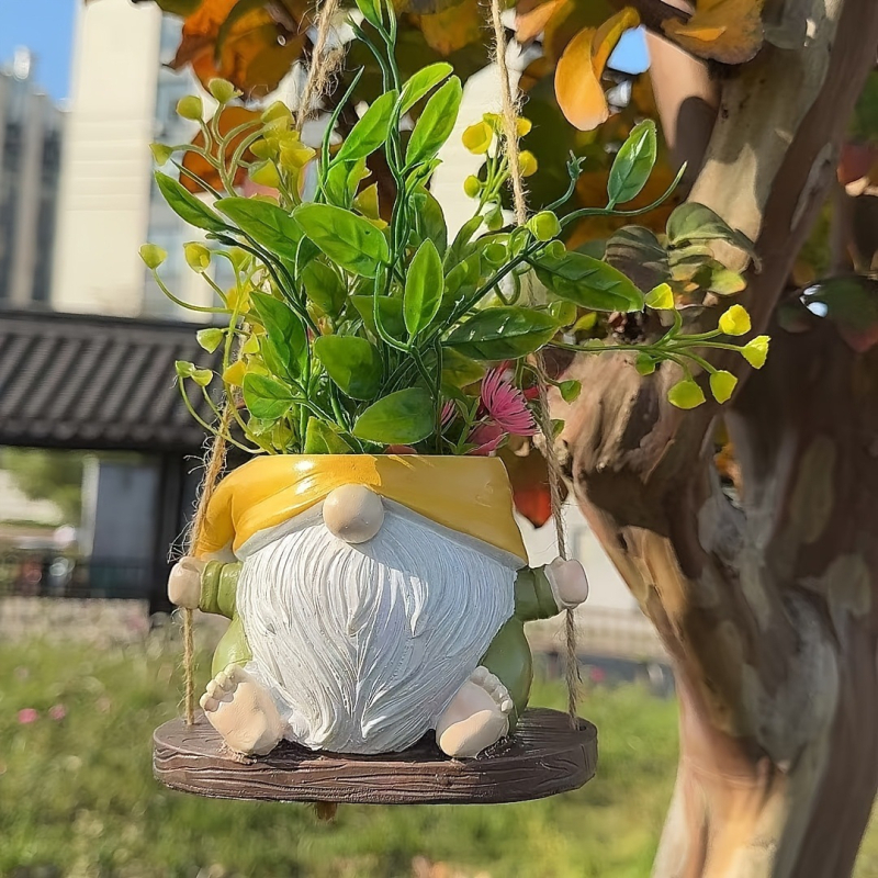 Dekorativna figura od smole za vrt: viseći lončić s patuljkom, crtani stil