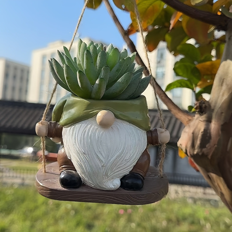 Dekorativna figura od smole za vrt: viseći lončić s patuljkom, crtani stil