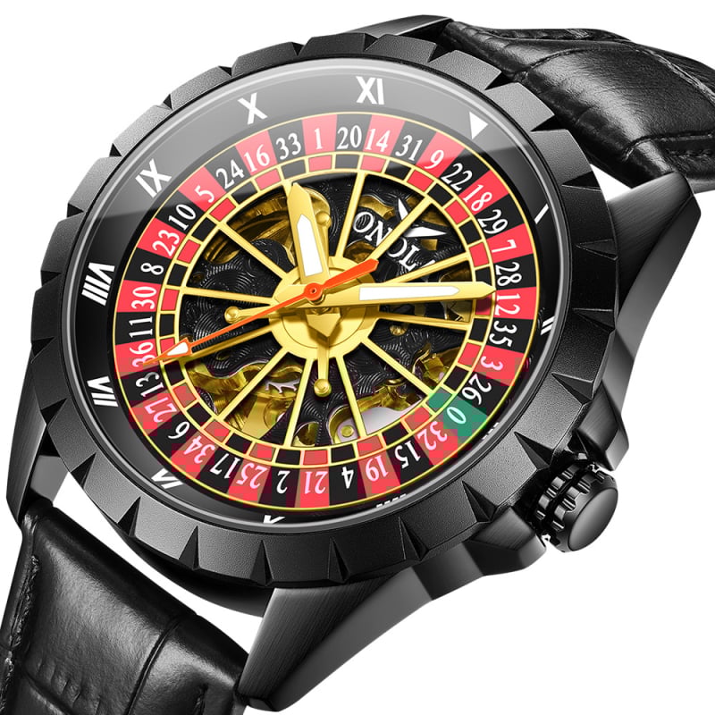 Onola механичен часовник, дизайн вдъхновен от руската рулетка с изрязан кожен ремък, аналогов дисплей, кожена каишка от естествена кожа, минерално закалено стъкло, водоустойчивост до 30 м