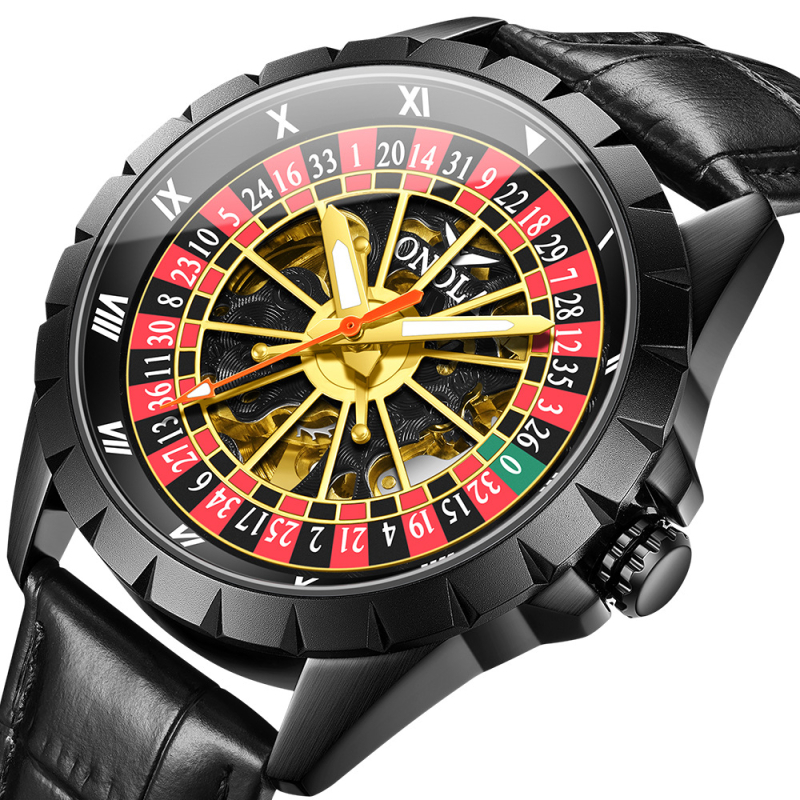 Onola механичен часовник, дизайн вдъхновен от руската рулетка с изрязан кожен ремък, аналогов дисплей, кожена каишка от естествена кожа, минерално закалено стъкло, водоустойчивост до 30 м