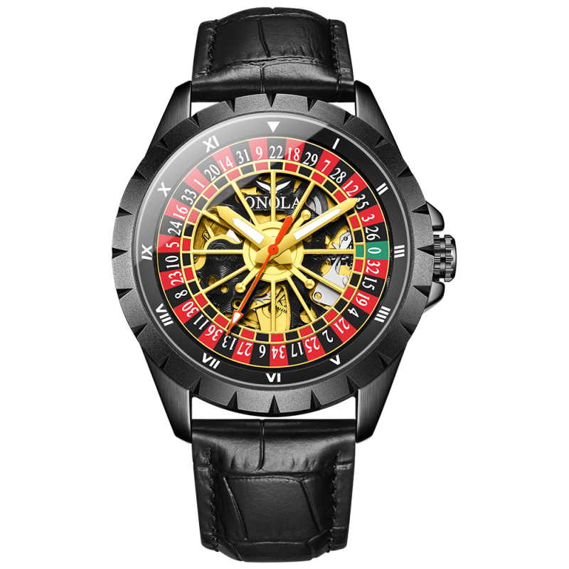 Onola механичен часовник, дизайн вдъхновен от руската рулетка с изрязан кожен ремък, аналогов дисплей, кожена каишка от естествена кожа, минерално закалено стъкло, водоустойчивост до 30 м