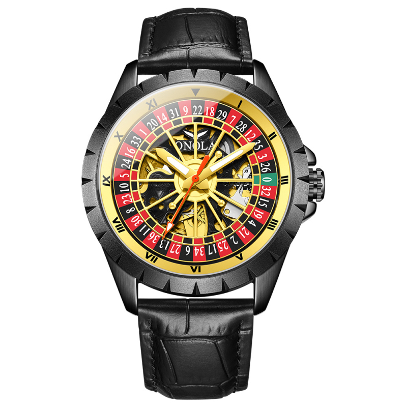 Onola механичен часовник, дизайн вдъхновен от руската рулетка с изрязан кожен ремък, аналогов дисплей, кожена каишка от естествена кожа, минерално закалено стъкло, водоустойчивост до 30 м