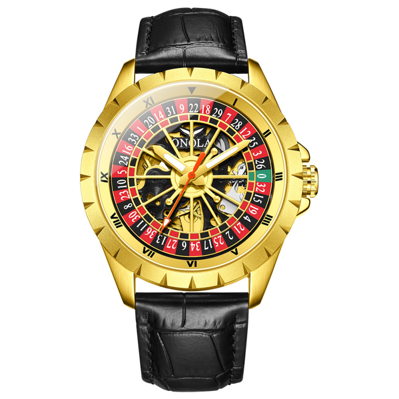 Onola механичен часовник, дизайн вдъхновен от руската рулетка с изрязан кожен ремък, аналогов дисплей, кожена каишка от естествена кожа, минерално закалено стъкло, водоустойчивост до 30 м