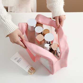 Utazási kozmetikai táska fogantyúval, szabadidős utazási stílus, PVC külső, PU bélés, vízálló, nagy kapacitás