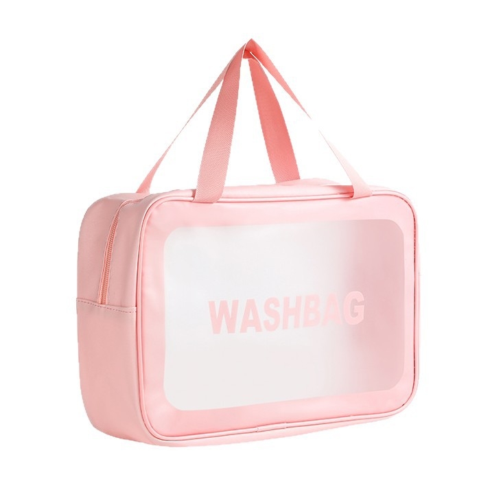 Utazási kozmetikai táska fogantyúval, szabadidős utazási stílus, PVC külső, PU bélés, vízálló, nagy kapacitás