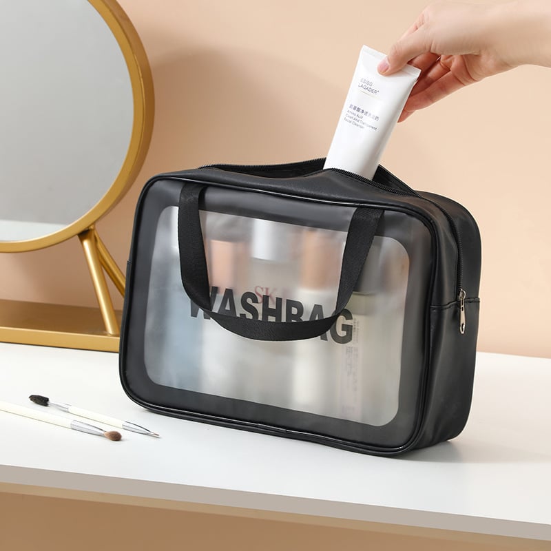 Utazási kozmetikai táska fogantyúval, szabadidős utazási stílus, PVC külső, PU bélés, vízálló, nagy kapacitás