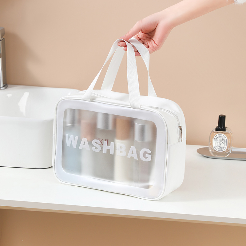 Utazási kozmetikai táska fogantyúval, szabadidős utazási stílus, PVC külső, PU bélés, vízálló, nagy kapacitás