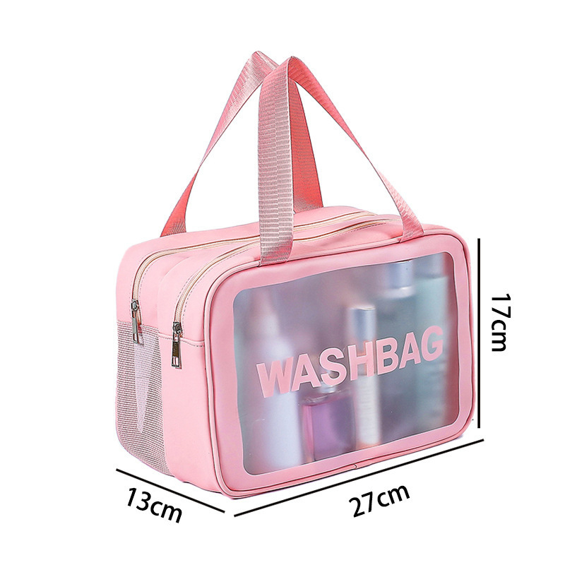 Utazási kozmetikai táska fogantyúval, szabadidős utazási stílus, PVC külső, PU bélés, vízálló, nagy kapacitás