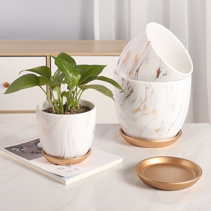 Ceramicna posuda za cvijeće s pladnjem, mramornim uzorkom; otporna na koroziju i izdržljiva; štednja vode; za stol ili pod; Nordic-Simple stil