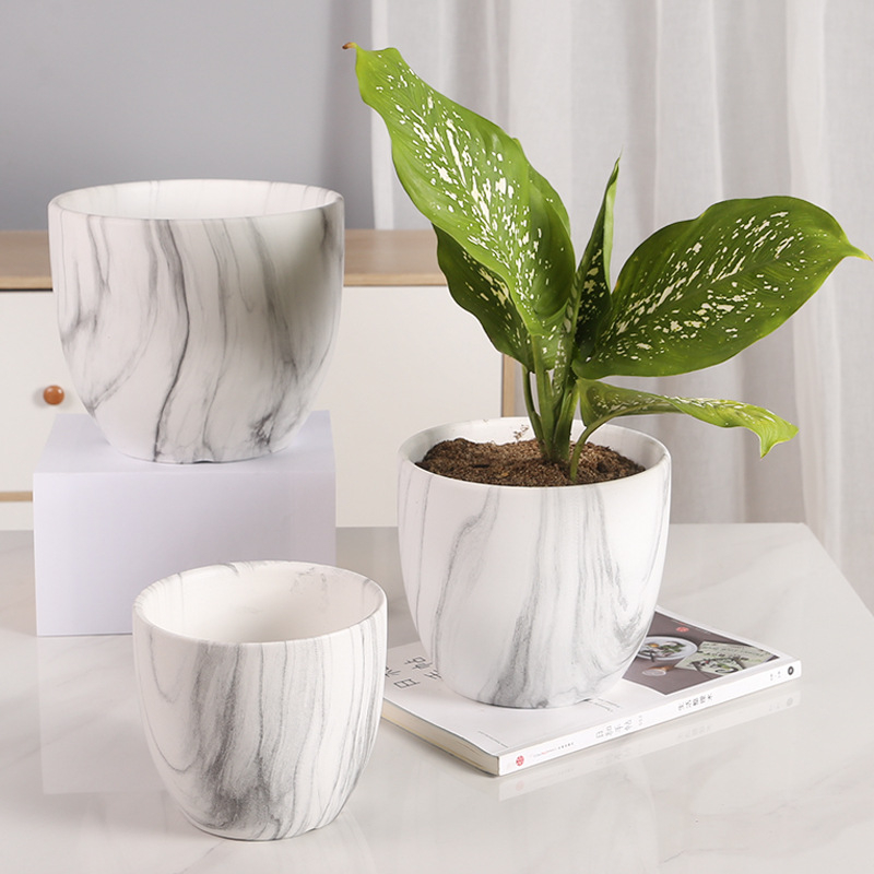 Ceramicna posuda za cvijeće s pladnjem, mramornim uzorkom; otporna na koroziju i izdržljiva; štednja vode; za stol ili pod; Nordic-Simple stil