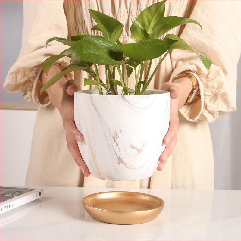 Ceramicna posuda za cvijeće s pladnjem, mramornim uzorkom; otporna na koroziju i izdržljiva; štednja vode; za stol ili pod; Nordic-Simple stil