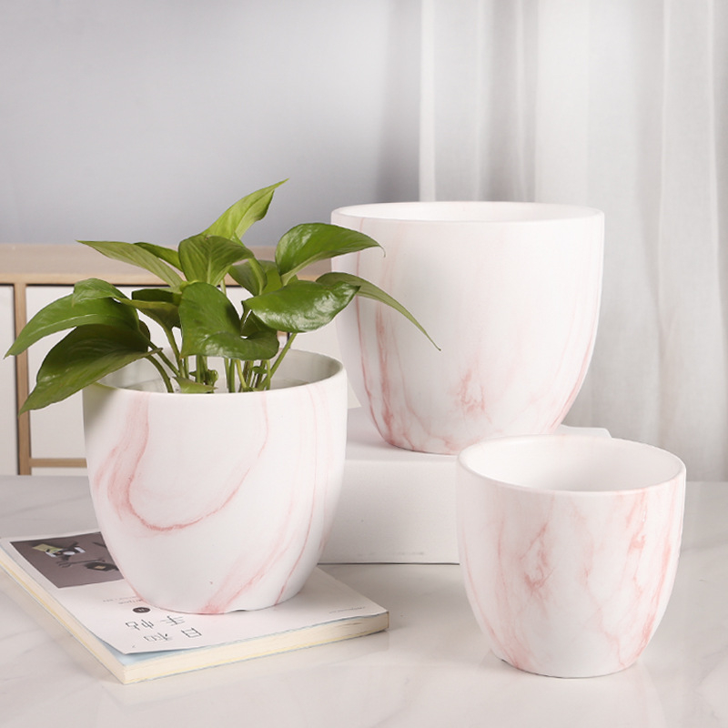 Ceramicna posuda za cvijeće s pladnjem, mramornim uzorkom; otporna na koroziju i izdržljiva; štednja vode; za stol ili pod; Nordic-Simple stil