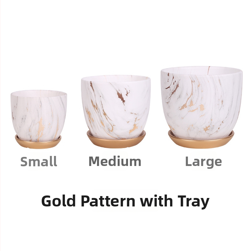 Ceramicna posuda za cvijeće s pladnjem, mramornim uzorkom; otporna na koroziju i izdržljiva; štednja vode; za stol ili pod; Nordic-Simple stil