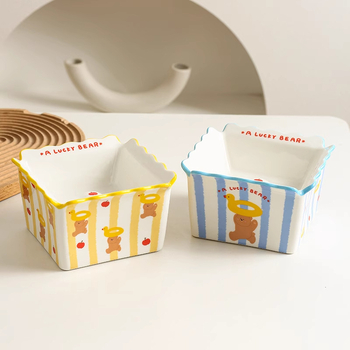 Keramička zdjela za mačke, četvrtasti kut s crtićem medvjedića, zdjela za hranjenje s protiv prevrtanja