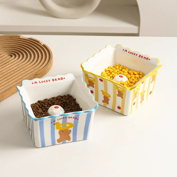 Keramička zdjela za mačke, četvrtasti kut s crtićem medvjedića, zdjela za hranjenje s protiv prevrtanja