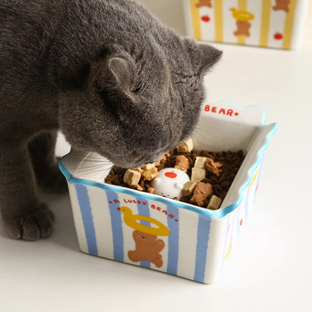 Keramička zdjela za mačke, četvrtasti kut s crtićem medvjedića, zdjela za hranjenje s protiv prevrtanja