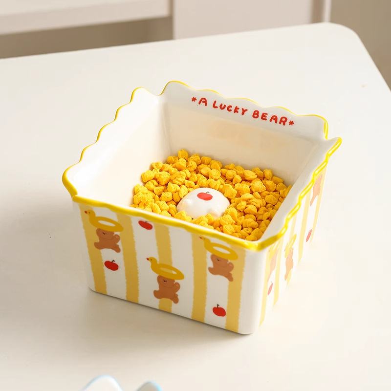 Keramička zdjela za mačke, četvrtasti kut s crtićem medvjedića, zdjela za hranjenje s protiv prevrtanja