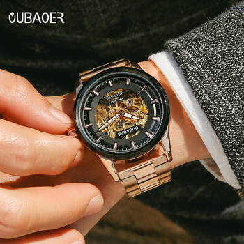 Ceas bărbătesc automat, cu mișcare skeleton, curea din oțel inoxidabil, carcasă din aliaj, rezistență la apă 30 m