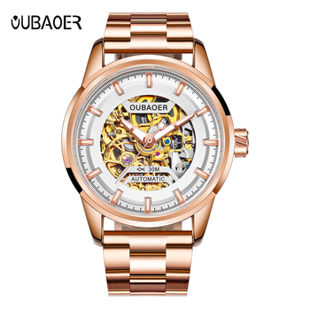 Ceas bărbătesc automat, cu mișcare skeleton, curea din oțel inoxidabil, carcasă din aliaj, rezistență la apă 30 m