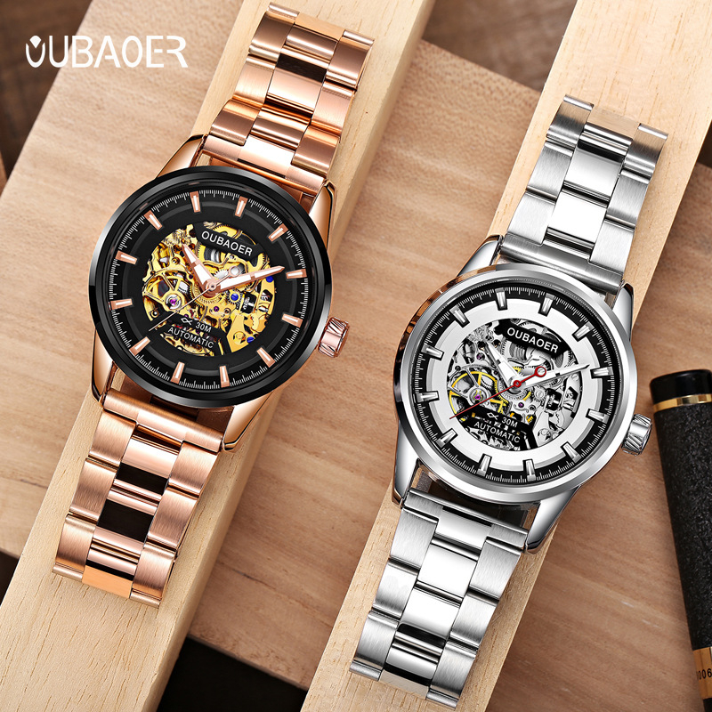 Ceas bărbătesc automat, cu mișcare skeleton, curea din oțel inoxidabil, carcasă din aliaj, rezistență la apă 30 m