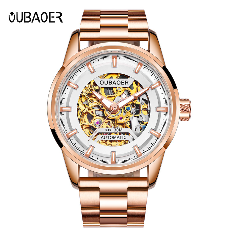 Ceas bărbătesc automat, cu mișcare skeleton, curea din oțel inoxidabil, carcasă din aliaj, rezistență la apă 30 m