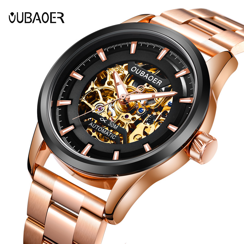 Ceas bărbătesc automat, cu mișcare skeleton, curea din oțel inoxidabil, carcasă din aliaj, rezistență la apă 30 m