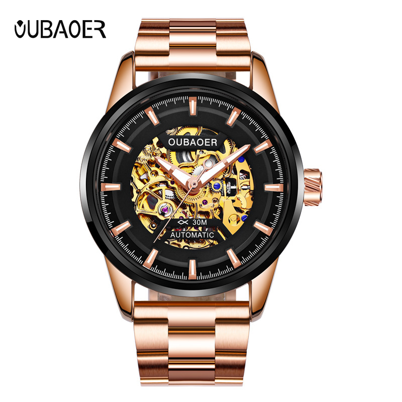 Ceas bărbătesc automat, cu mișcare skeleton, curea din oțel inoxidabil, carcasă din aliaj, rezistență la apă 30 m