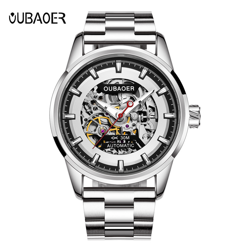 Ceas bărbătesc automat, cu mișcare skeleton, curea din oțel inoxidabil, carcasă din aliaj, rezistență la apă 30 m