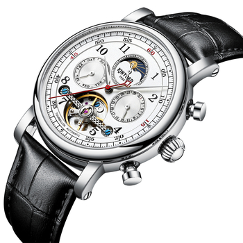 KINYUED ceas mecanic automat cu tourbillon pentru bărbați, cadran skeleton, fază lunară, calendar, curea din piele