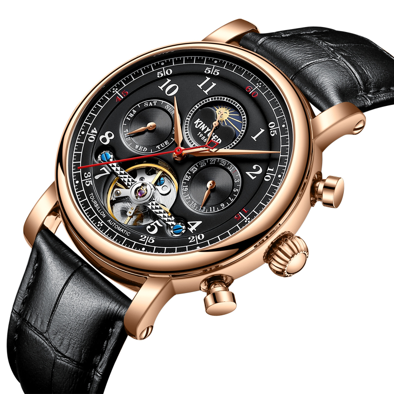 KINYUED ceas mecanic automat cu tourbillon pentru bărbați, cadran skeleton, fază lunară, calendar, curea din piele