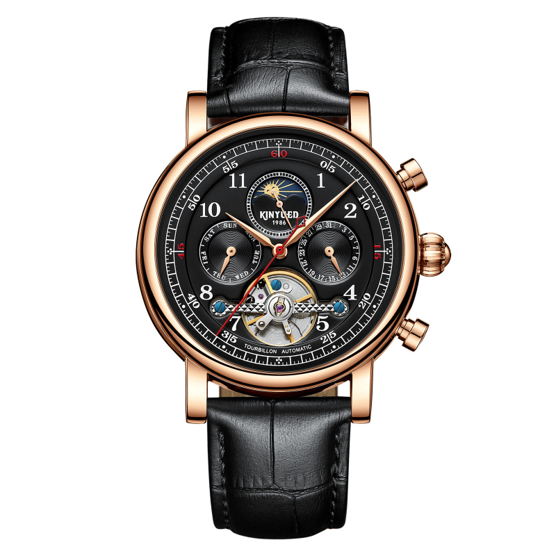KINYUED ceas mecanic automat cu tourbillon pentru bărbați, cadran skeleton, fază lunară, calendar, curea din piele