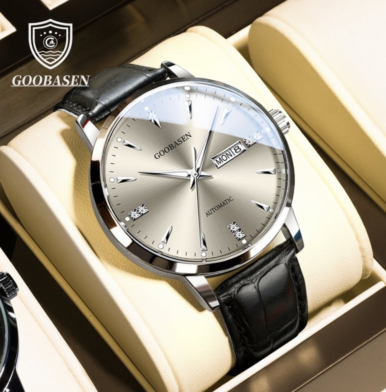 Goobasen férfi kvarc karóra átlátszó hátlappal, világító kijelzővel, naptár és heti kijelző, 30m vízállóság