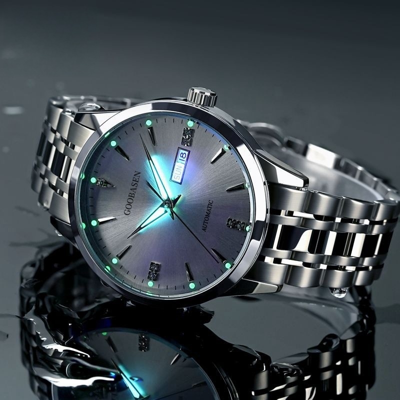 Goobasen férfi kvarc karóra átlátszó hátlappal, világító kijelzővel, naptár és heti kijelző, 30m vízállóság