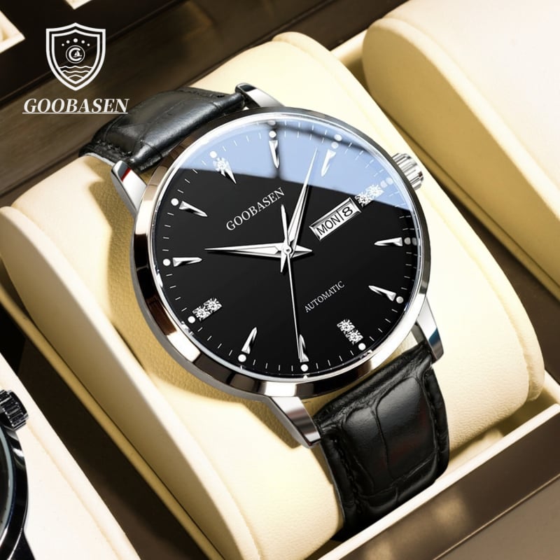 Goobasen férfi kvarc karóra átlátszó hátlappal, világító kijelzővel, naptár és heti kijelző, 30m vízállóság