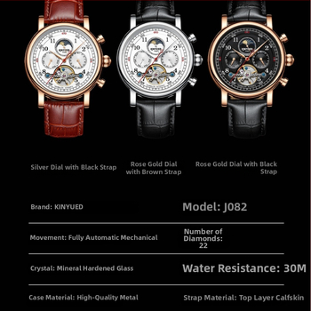 KINYUED vīriešu skeleta mehāniskais pulkstenis, mehāniska kustība, ūdensizturība 30 m, korpuss no sakaļējuma, ādas siksna, spīd tumsā, Mēness fāzes, kalendārs
