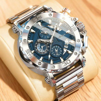 Férfi kvarc karóra, hatkés, világító, 30 m vízálló, rozsdamentes acél tok és szíj, kerek számlap, ásványi üveg, üzleti stílus