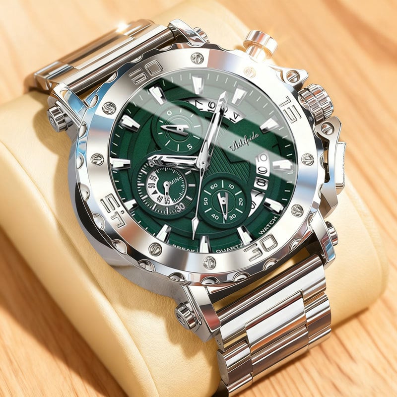 Férfi kvarc karóra, hatkés, világító, 30 m vízálló, rozsdamentes acél tok és szíj, kerek számlap, ásványi üveg, üzleti stílus