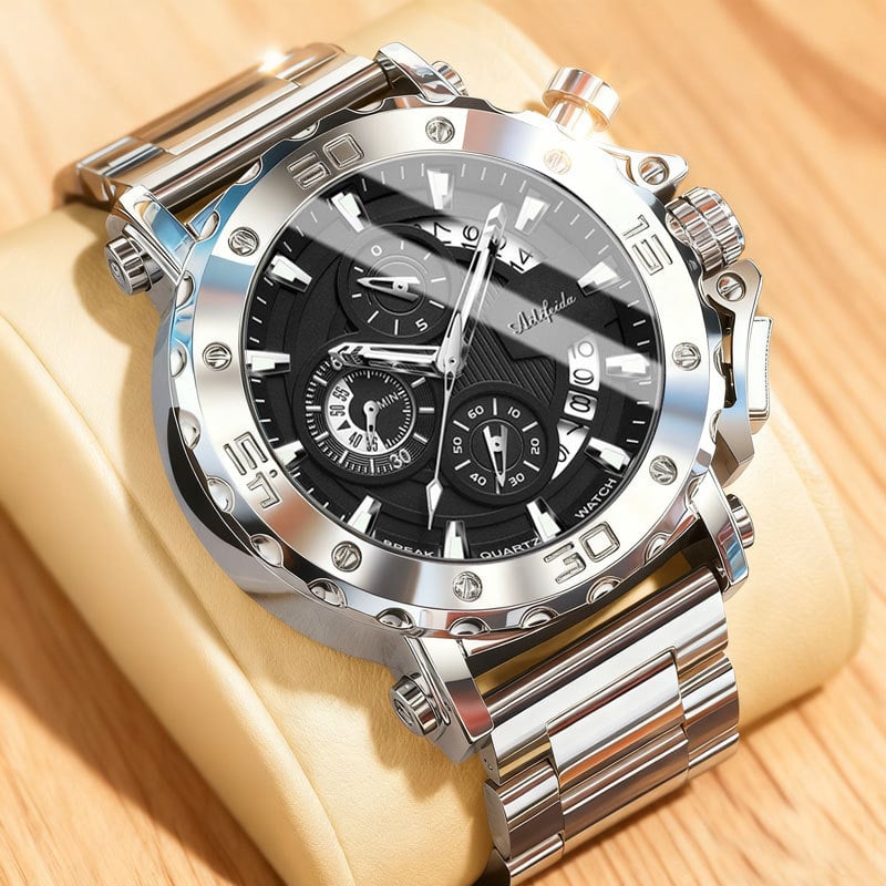 Férfi kvarc karóra, hatkés, világító, 30 m vízálló, rozsdamentes acél tok és szíj, kerek számlap, ásványi üveg, üzleti stílus