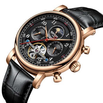 Vīriešu mehāniskais pulkstenis ar tūrbillonu un skelet dizainu, analogais displejs, ūdensizturība 30m, ādas siksna