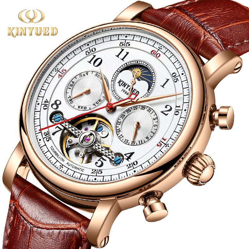 Vīriešu mehāniskais pulkstenis ar tūrbillonu un skelet dizainu, analogais displejs, ūdensizturība 30m, ādas siksna