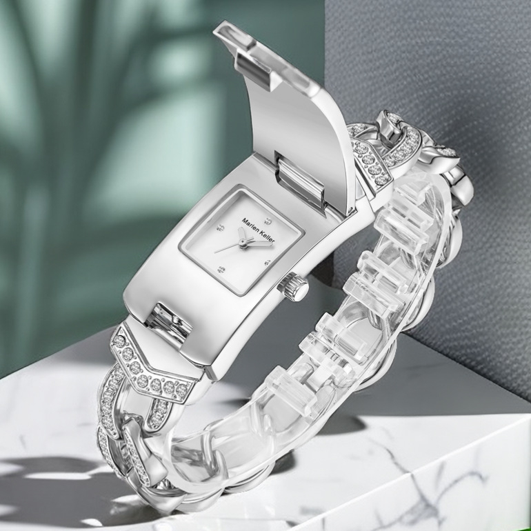 Marlen Keller M-1915 Női kvarcóra – Téglalap alakú számlap 22 mm, Öntött tok és szíj, PC21 kvarc mechanizmus, Ékszeres csat