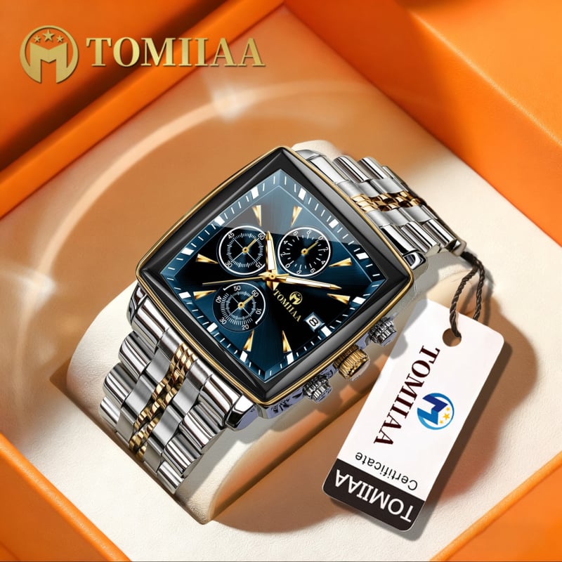 Férfi négyzetes kvarc karóra (kvarc működés, négyzet alakú számlap, rozsdamentes acél tokkal, rozsdamentes acél csattal, vízálló 30 m)