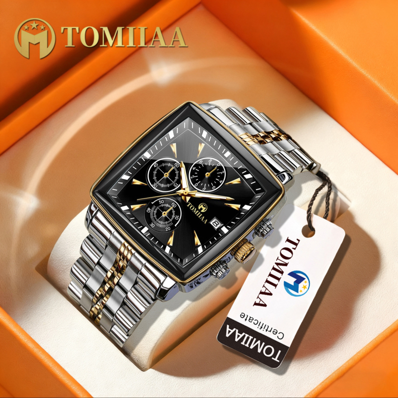 Férfi négyzetes kvarc karóra (kvarc működés, négyzet alakú számlap, rozsdamentes acél tokkal, rozsdamentes acél csattal, vízálló 30 m)