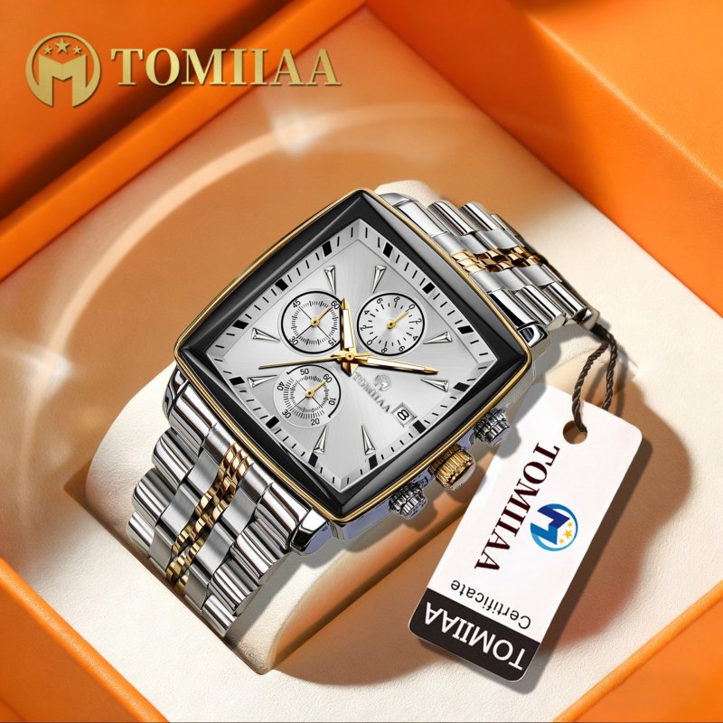 Férfi négyzetes kvarc karóra (kvarc működés, négyzet alakú számlap, rozsdamentes acél tokkal, rozsdamentes acél csattal, vízálló 30 m)