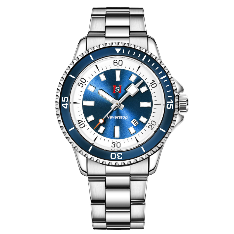 Férfi üzleti stílusú óra rozsdamentes acél szíjjal, kvarc mozgatás, lumineszkáló naptár, vízállóság 30M, tok ötvözetből